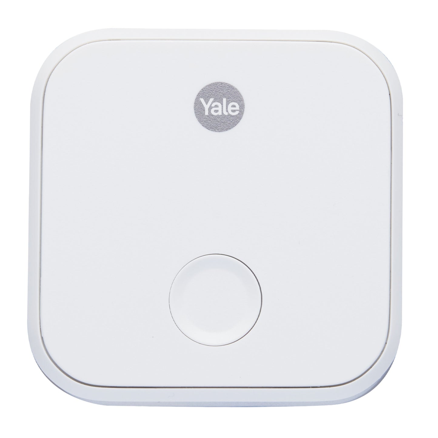 Yale ConnectX Wi-Fi-bro, hvid, kvadratisk med afrundede hjørner, central rund knap og Yale-logo øverst.