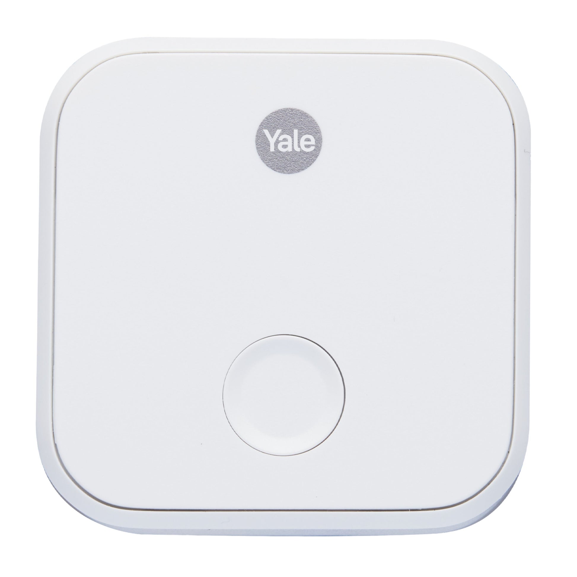 Yale ConnectX Wi-Fi-bro, hvid, kvadratisk med afrundede hjørner, central rund knap og Yale-logo øverst.