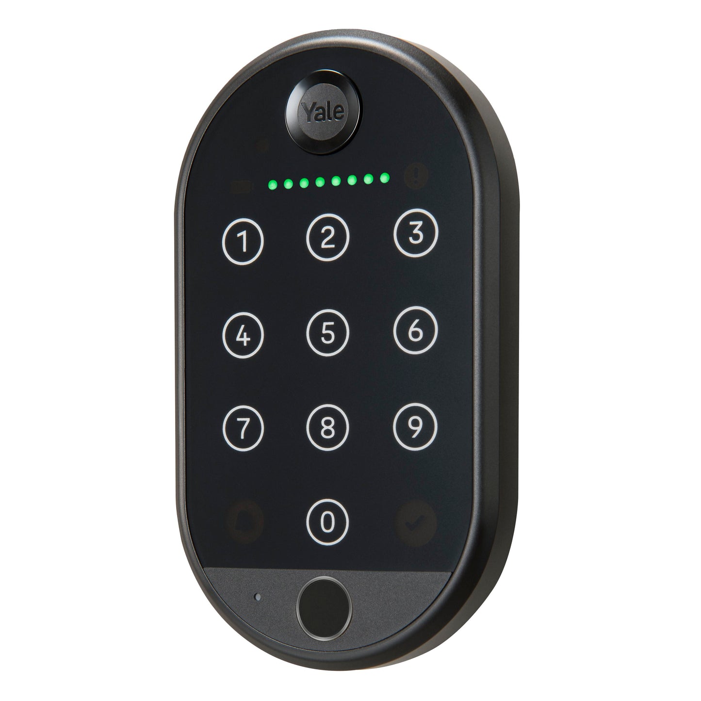 Yale Smart tastatur 2 fingeraftryk sort med touchscreen nummertastatur 0-9, flueben, funktionsikoner og grønne indikatorlys.