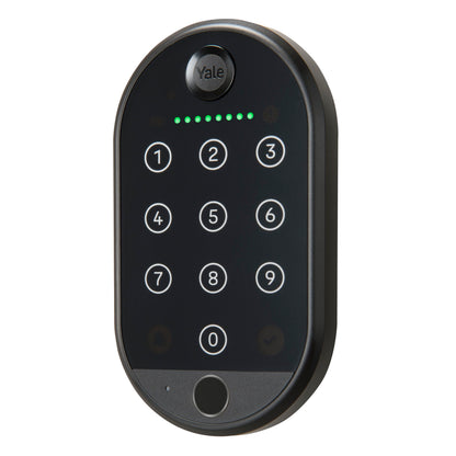 Yale Smart tastatur 2 fingeraftryk sort med touchscreen nummertastatur 0-9, flueben, funktionsikoner og grønne indikatorlys.