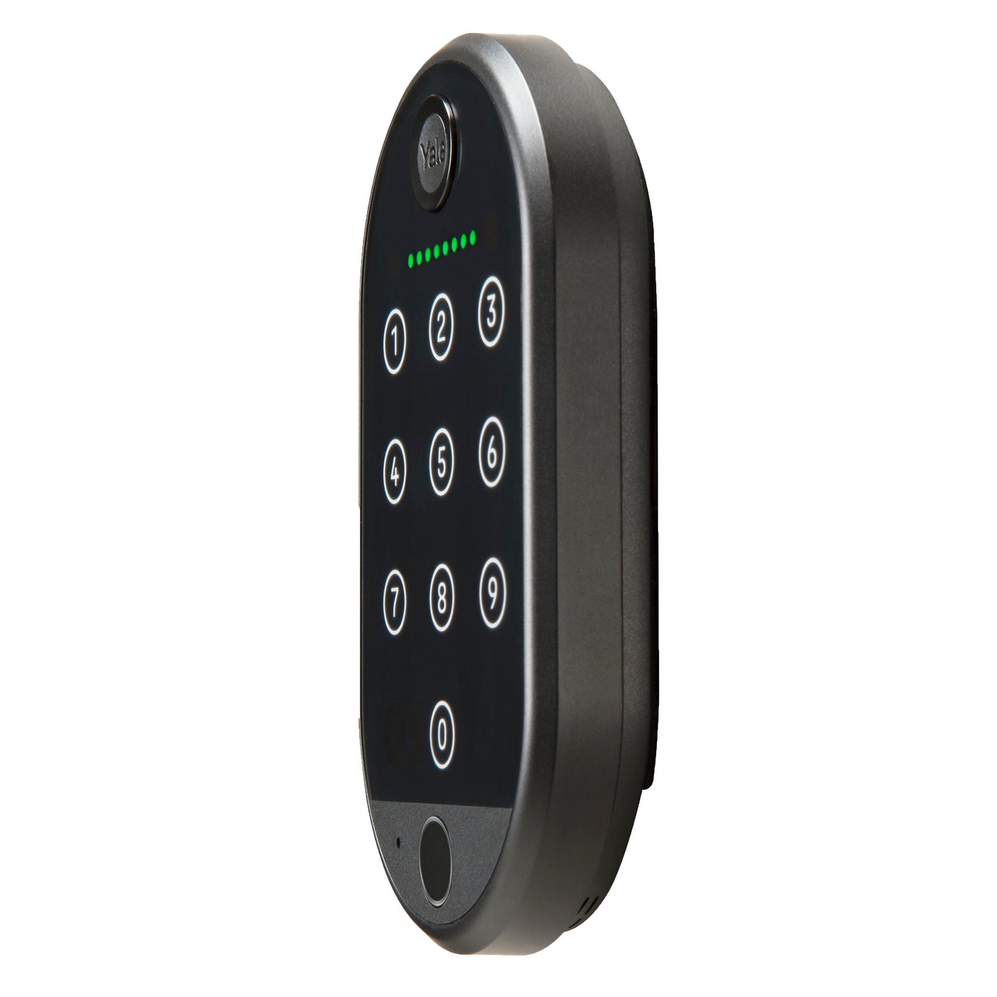 Yale Smart tastatur 2 fingeraftryk sort smartlås med touch-tastatur 0-9, rundt nøglehul øverst og grønne LED-lys.