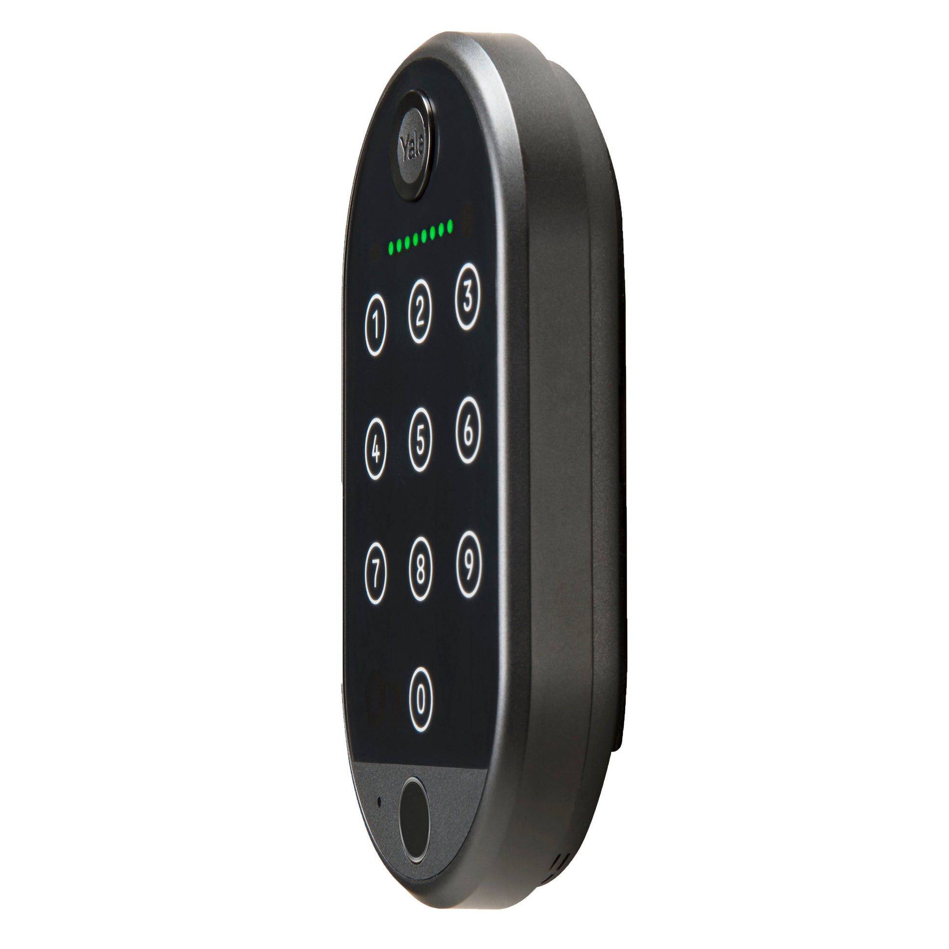 Yale Smart tastatur 2 fingeraftryk sort smartlås med touch-tastatur 0-9, rundt nøglehul øverst og grønne LED-lys.