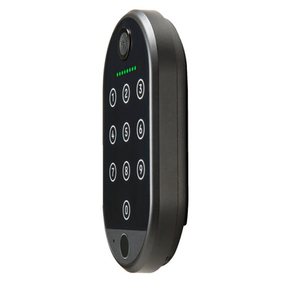 Yale Smart tastatur 2 fingeraftryk sort smartlås med touch-tastatur 0-9, rundt nøglehul øverst og grønne LED-lys.