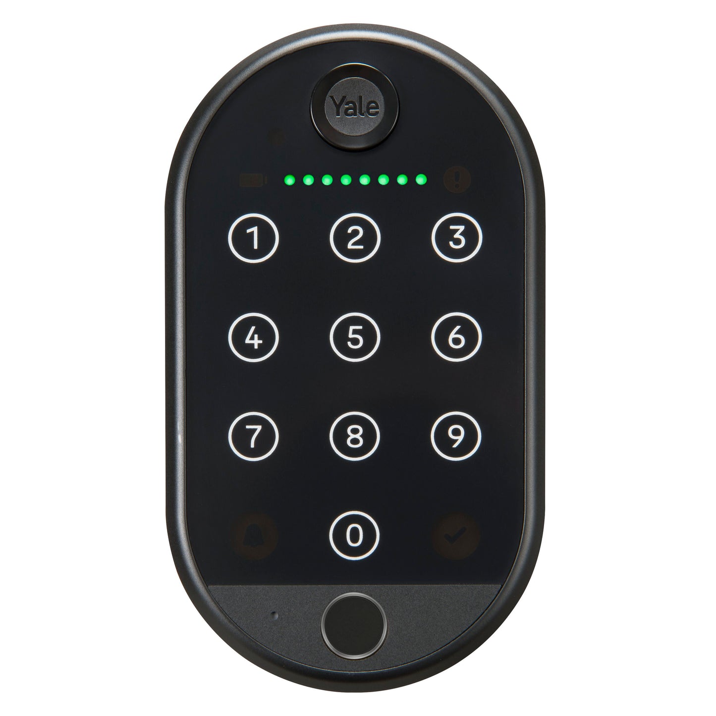 Yale Smart tastatur 2 fingeraftryk digitalt smart lock tastatur med oplyste touch-tal, flueben, låsesymbol og logo over statuslys.
