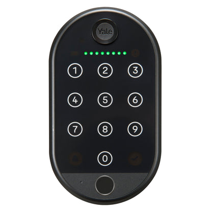 Yale Smart tastatur 2 fingeraftryk digitalt smart lock tastatur med oplyste touch-tal, flueben, låsesymbol og logo over statuslys.