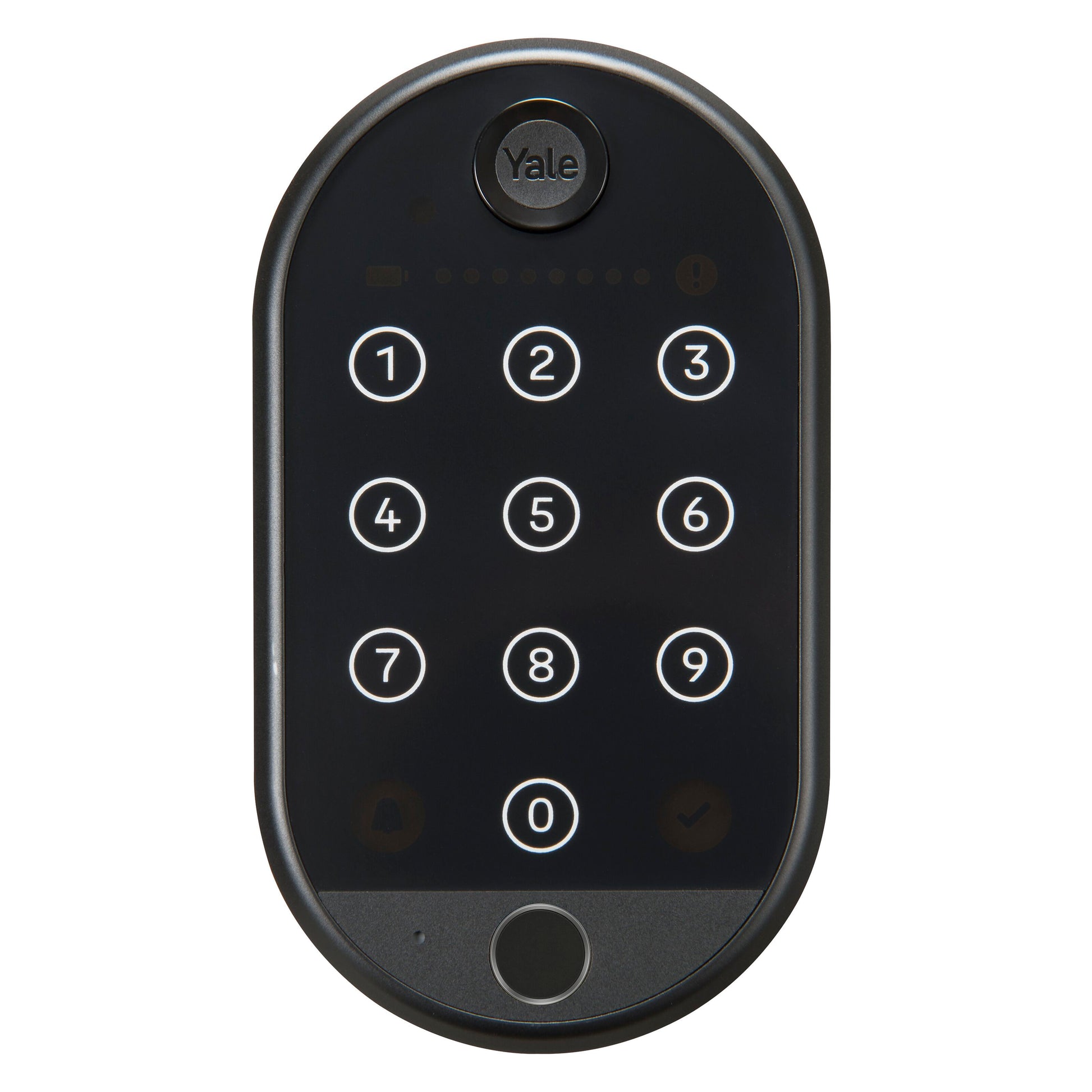 Yale Smart tastatur 2 Fingeraftryk sort, oplyste taster 0-9, flueben, backspace, rundt design, Yale-logo øverst.