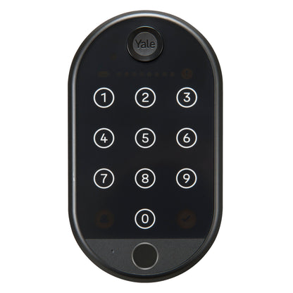 Yale Smart tastatur 2 Fingeraftryk sort, oplyste taster 0-9, flueben, backspace, rundt design, Yale-logo øverst.