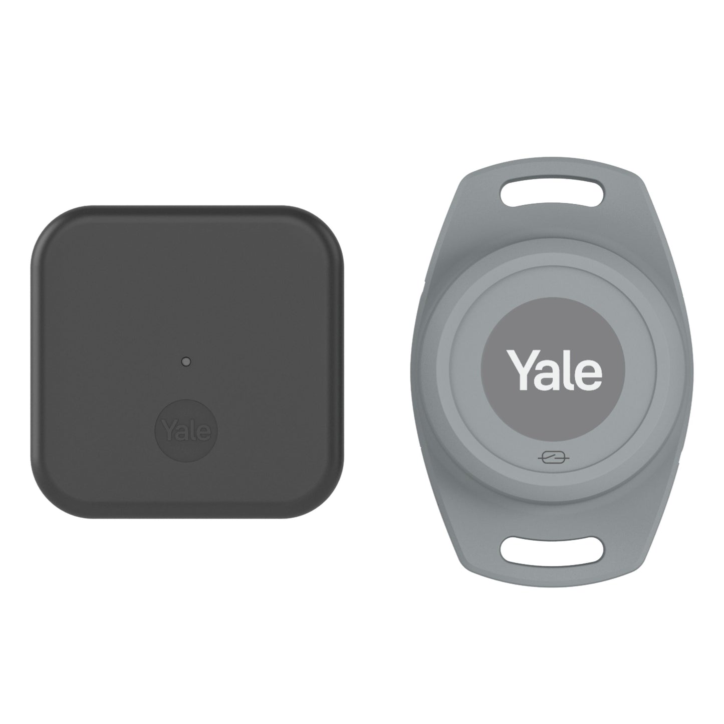 Yale Smart åbner til motoriserede garageporte og rund grå Yale nøglebrik, kompatibel med Yale Home app.