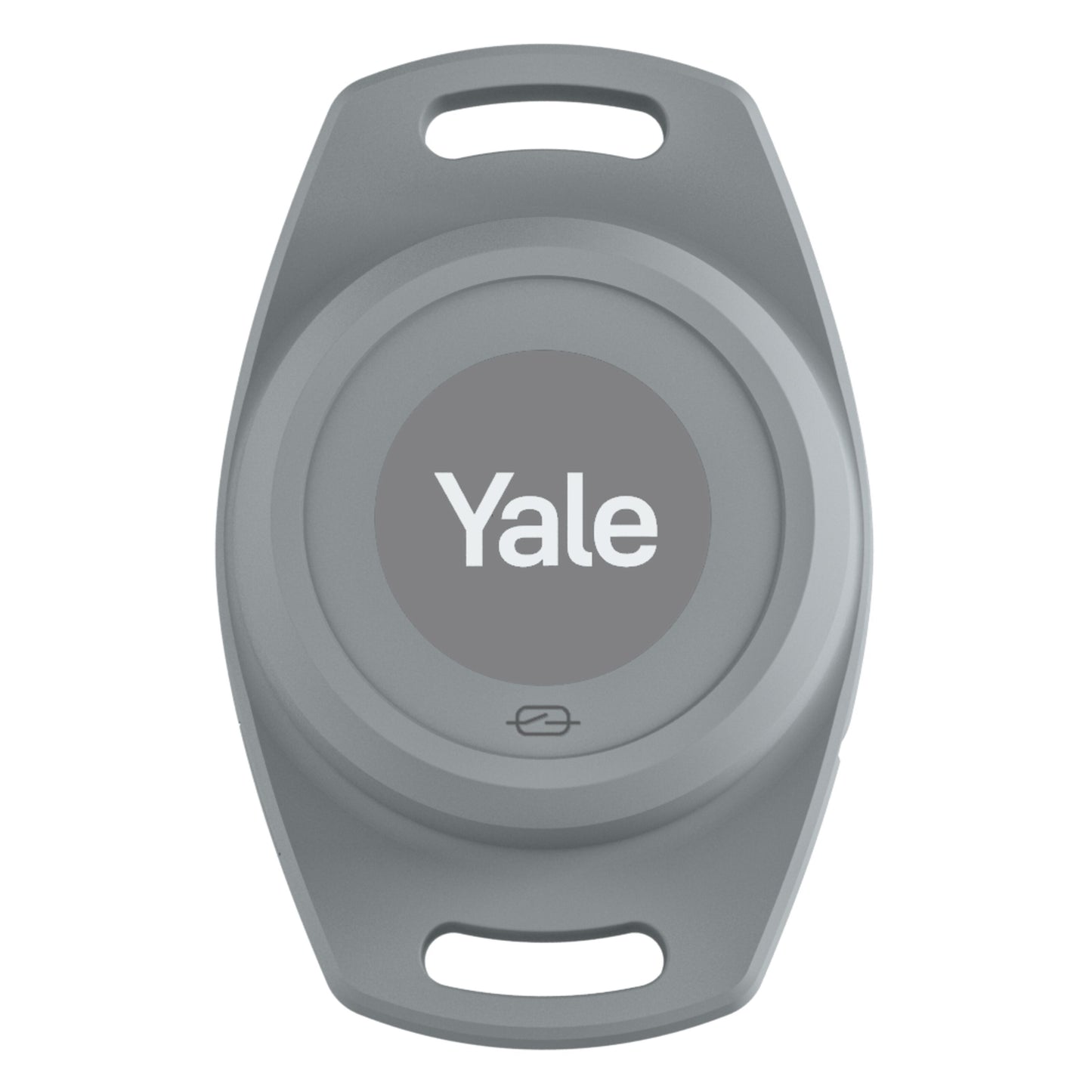 Yale nøglebrik oval grå med hvidt Yale logo til Smart åbner motoriserede garageporte, klar til nøglering eller snor.