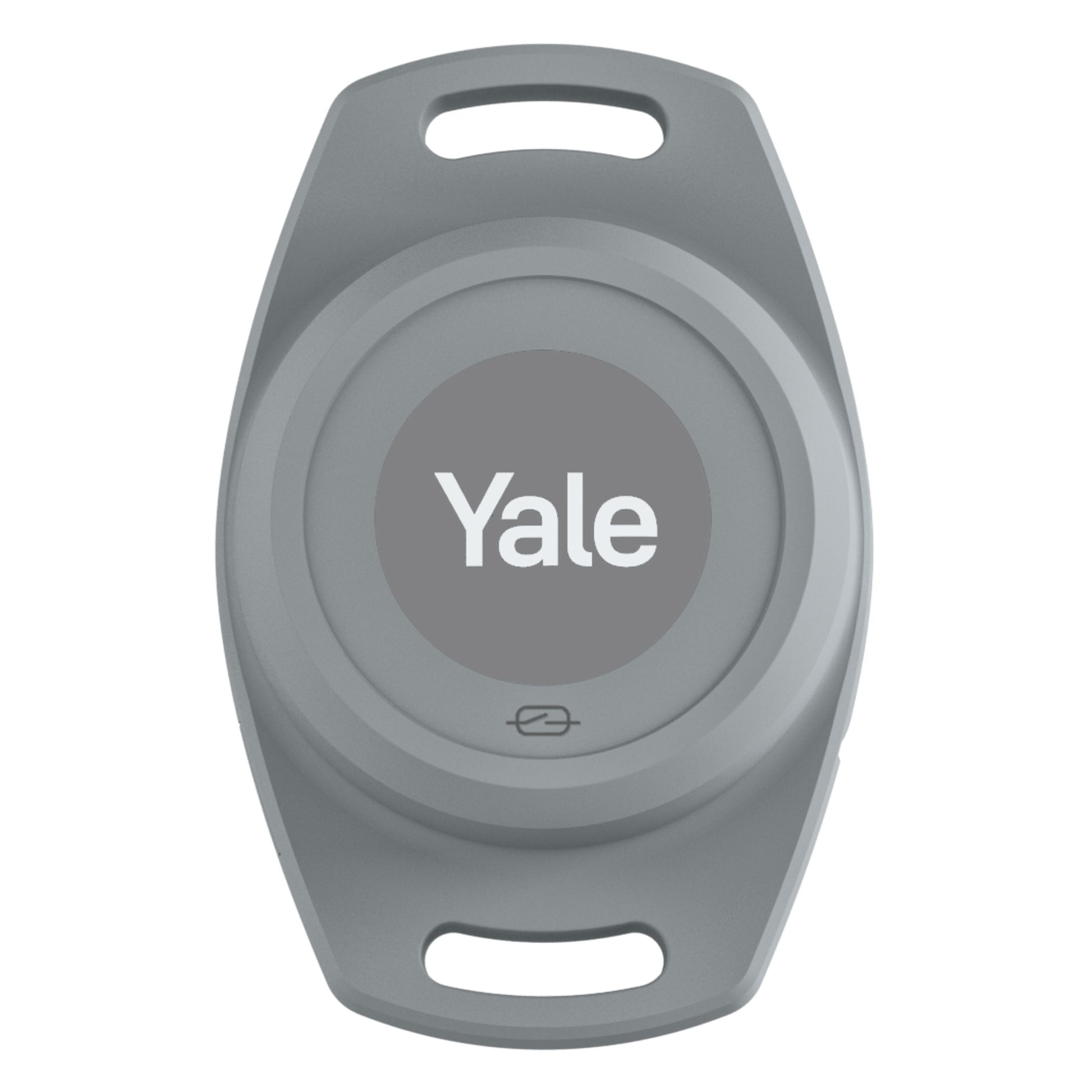 Yale nøglebrik oval grå med hvidt Yale logo til Smart åbner motoriserede garageporte, klar til nøglering eller snor.