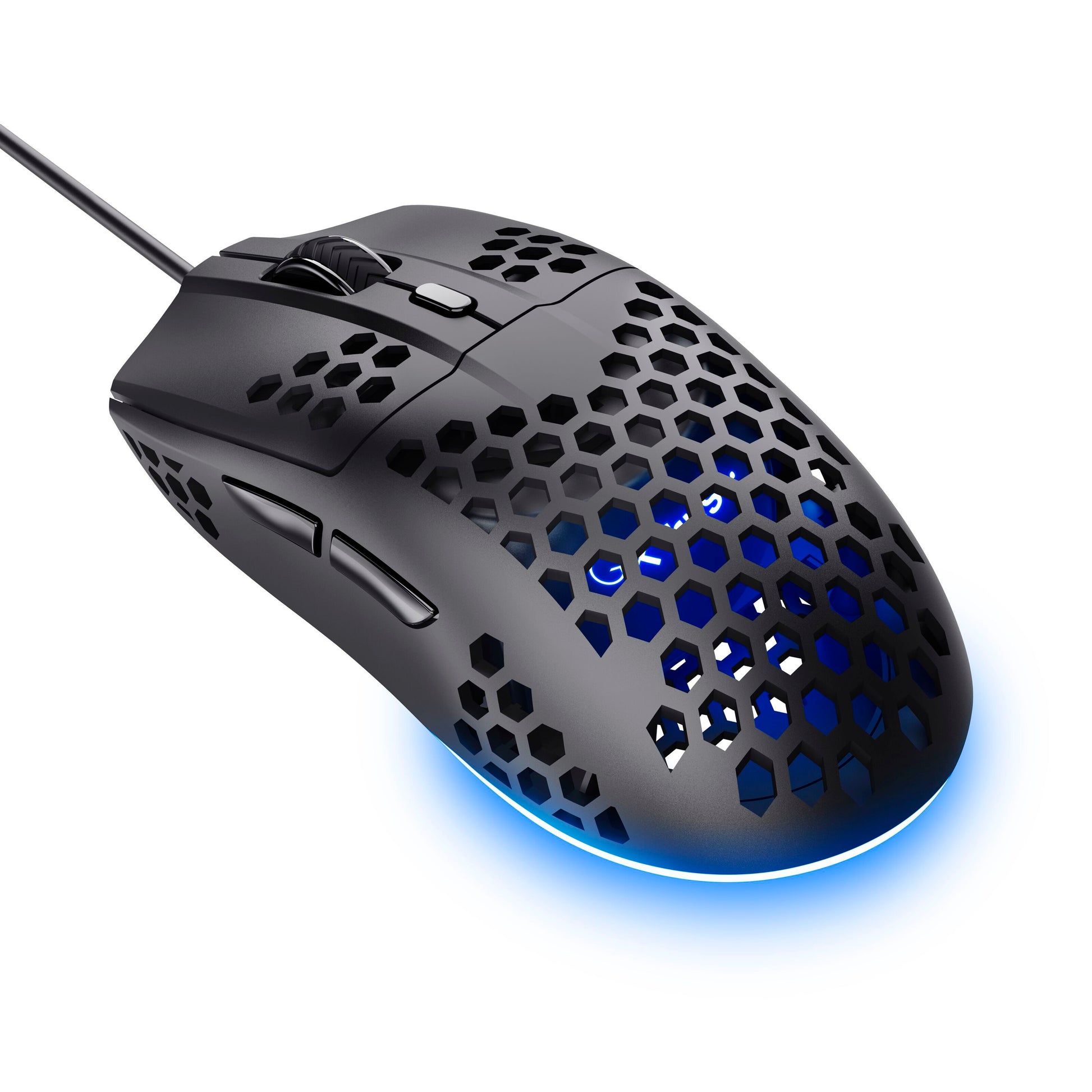Trust Helox GXT928 gaming mus sort, letvægt, honeycomb design, blå LED-lys i bunden, sideknapper, optisk sensor, justerbar DPI.