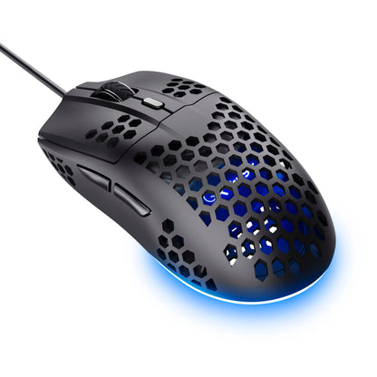 Trust Helox GXT928 gaming mus sort, letvægt, honeycomb design, blå LED-lys i bunden, sideknapper, optisk sensor, justerbar DPI.