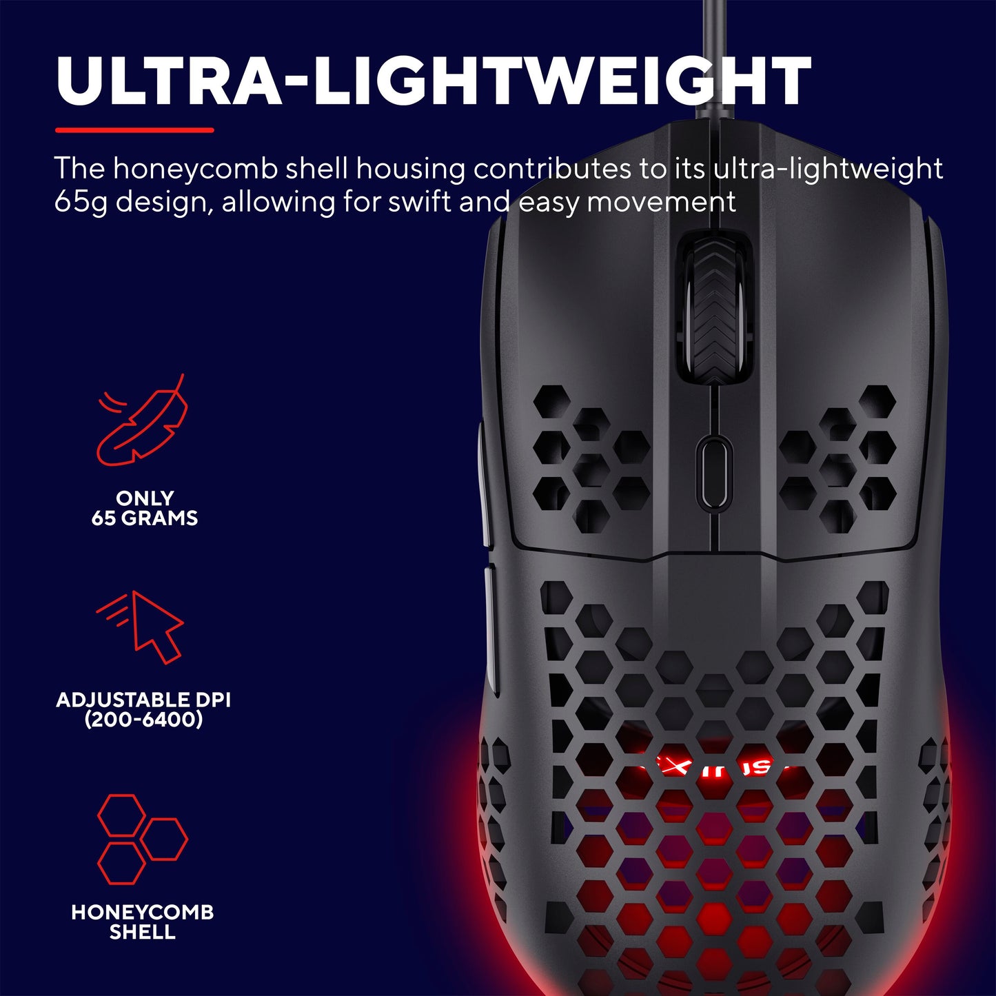 Trust GXT928 gamingmus sort, honeycomb-design, 65g, justerbar DPI 200-6400, optisk sensor, røde indikatorer.