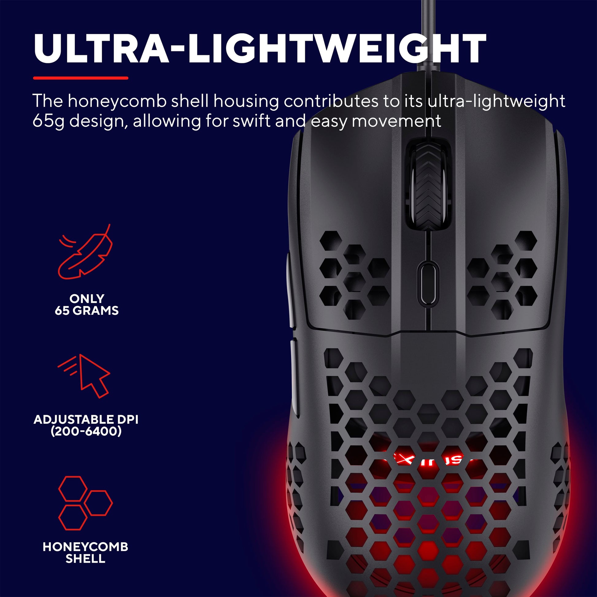 Trust GXT928 gamingmus sort, honeycomb-design, 65g, justerbar DPI 200-6400, optisk sensor, røde indikatorer.