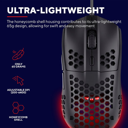 Trust GXT928 gamingmus sort, honeycomb-design, 65g, justerbar DPI 200-6400, optisk sensor, røde indikatorer.