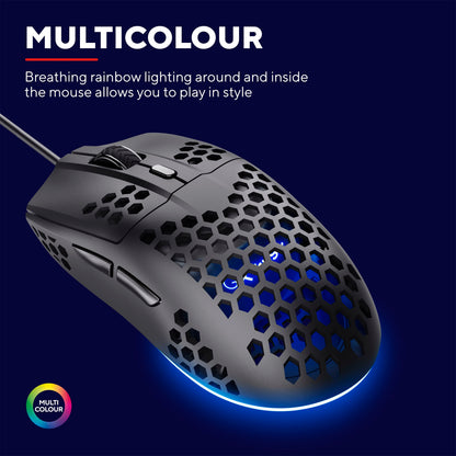 Trust Helox GXT928 gaming mus sort, honeycomb-design, breathing rainbow LED, optisk sensor, justerbar DPI, tekst MULTICOLOUR.
