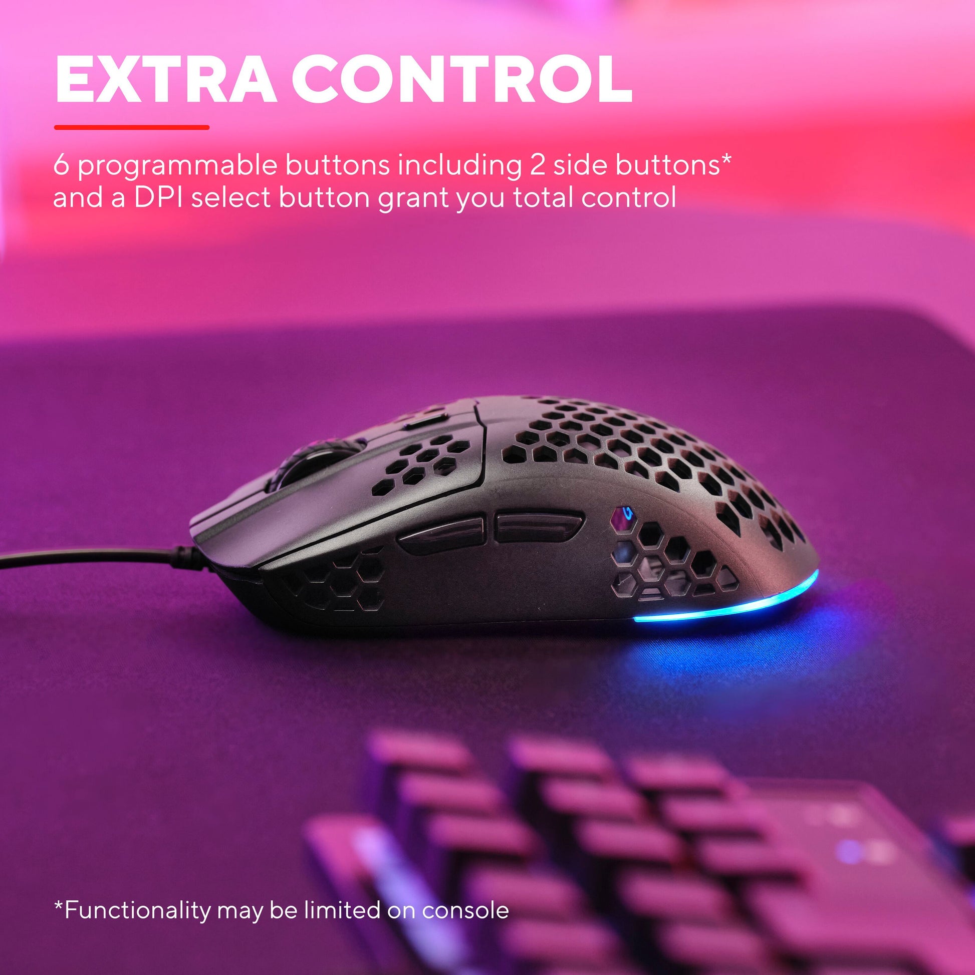Trust Helox GXT928 gaming-mus sort, honeycomb-design, RGB-lys, ekstra knapper, justerbar DPI, optisk sensor.