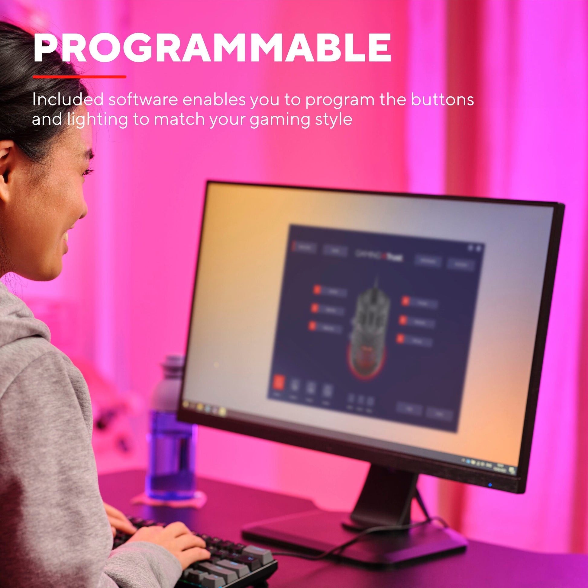 Trust Helox GXT928 Letvægts gamingmus sort, justerbar DPI, optisk sensor, programmerbare knapper, lys. Tekst: PROGRAMMERBAR.