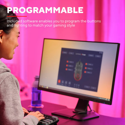 Trust Helox GXT928 Letvægts gamingmus sort, justerbar DPI, optisk sensor, programmerbare knapper, lys. Tekst: PROGRAMMERBAR.