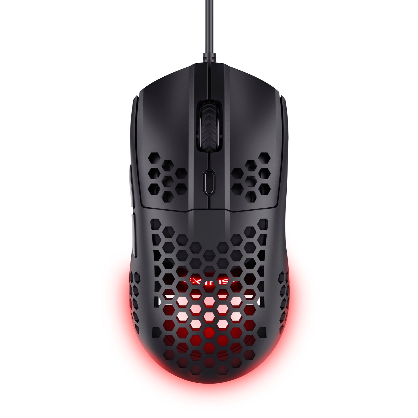 Trust Helox GXT928 gaming mus sort, letvægt, honeycomb skal, rød LED lys, optisk sensor, scrollhjul, perforeret overflade.