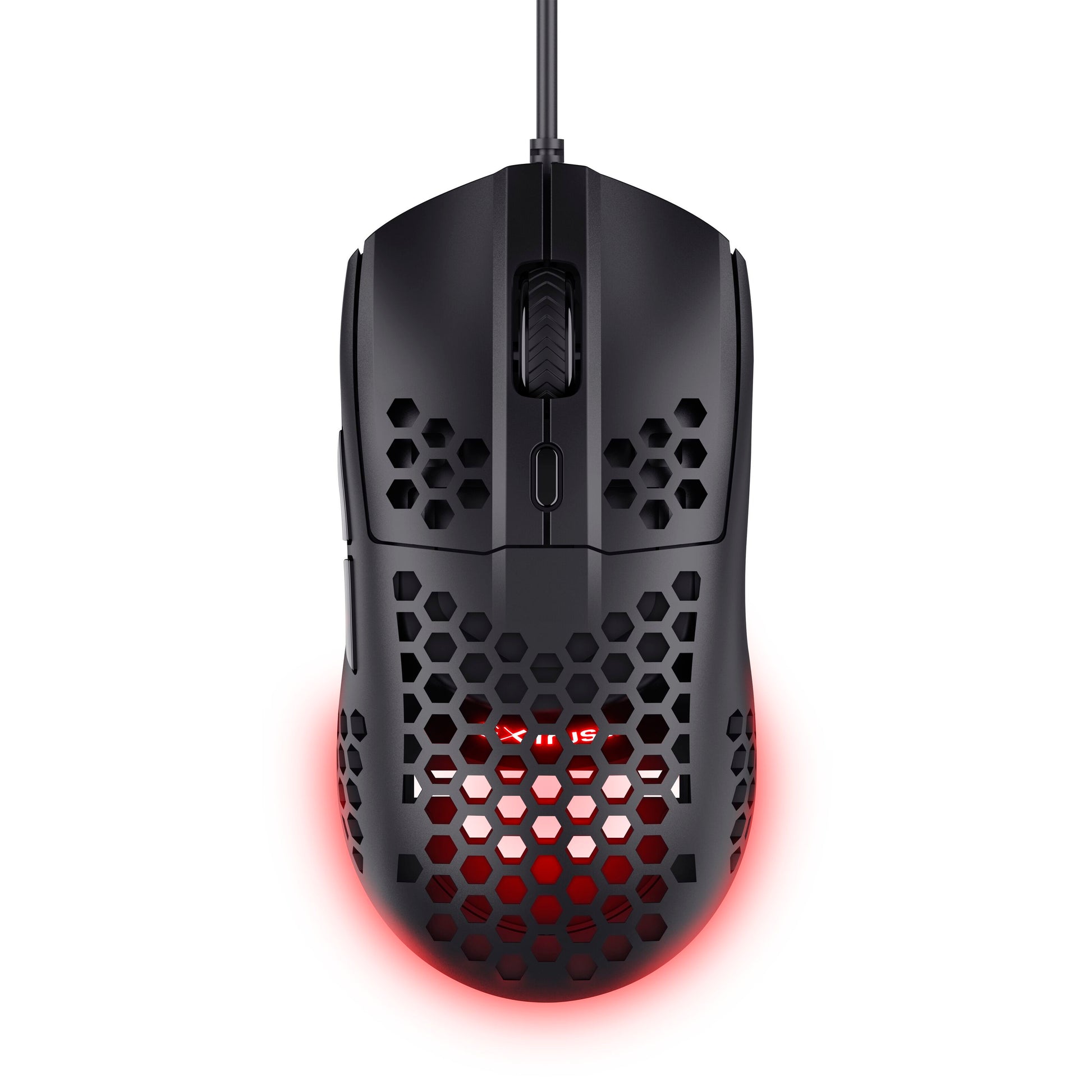 Trust Helox GXT928 gaming mus sort, letvægt, honeycomb skal, rød LED lys, optisk sensor, scrollhjul, perforeret overflade.