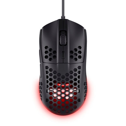 Trust Helox GXT928 gaming mus sort, letvægt, honeycomb skal, rød LED lys, optisk sensor, scrollhjul, perforeret overflade.
