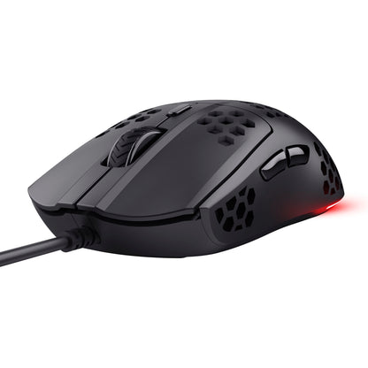 Trust Helox GXT928 sort gamingmus med honeycomb-design, sideknapper, rullehjul, justerbar DPI og rødt LED-lys bagpå.