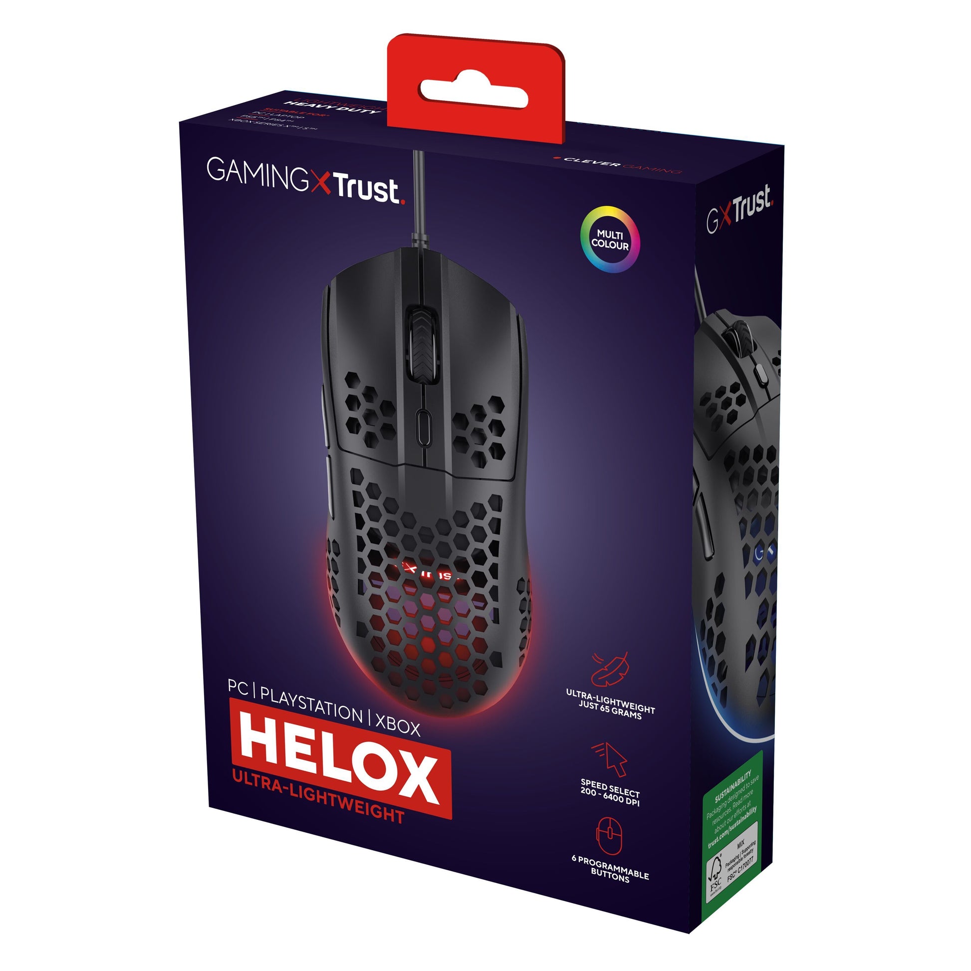 Trust Helox GXT928 sort gaming mus retail box, letvægts, justerbar DPI, optisk sensor, RGB lys, honeycomb design.