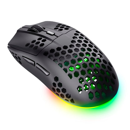 Trust Helox GXT929 trådløs gaming mus sort, honeycomb-design, sideknapper, grøngul RGB-lys ved base, 800-4800 DPI, 2,4 GHz.