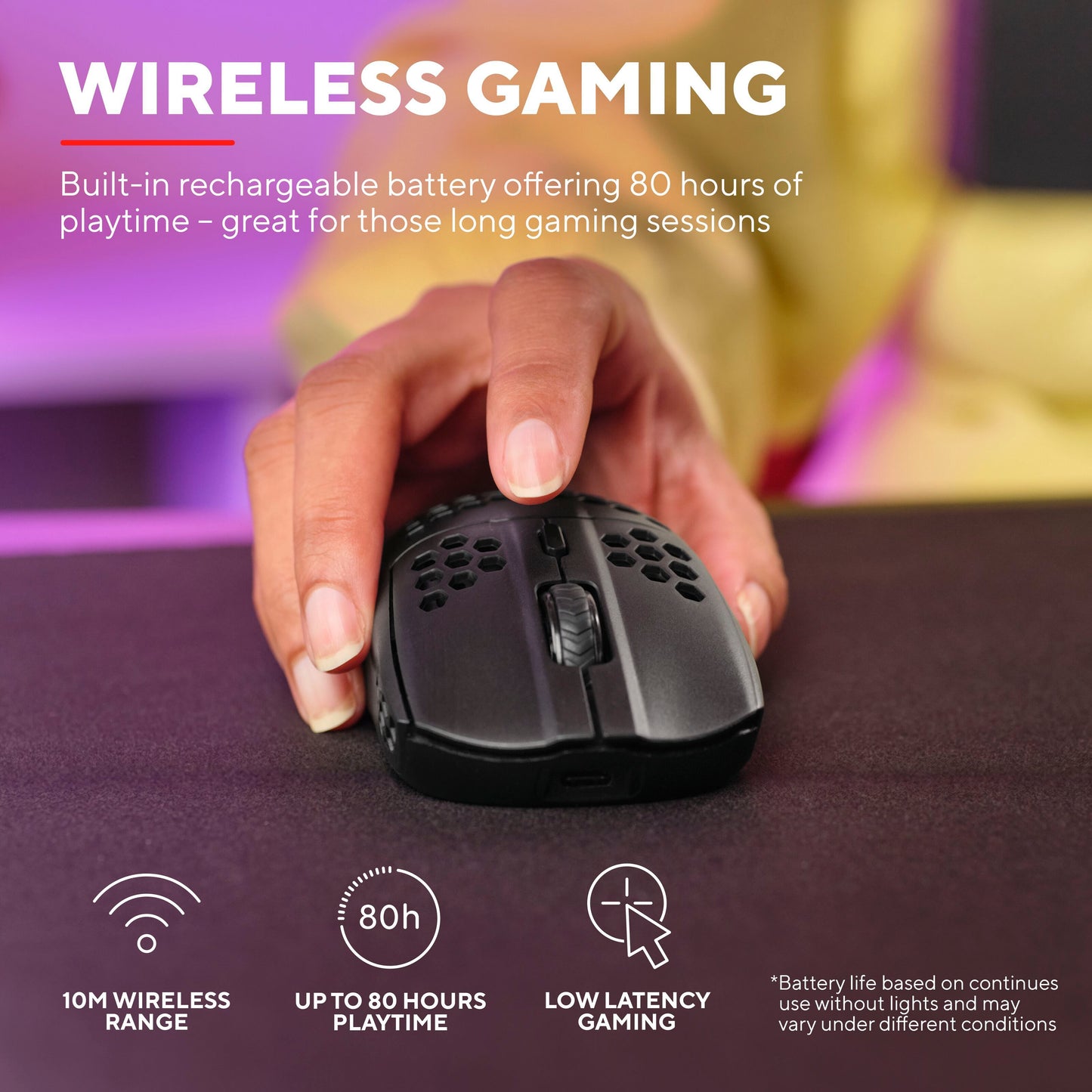 Trust Helox GXT929 Trådløs Sort gamingmus i hånd, 4 GHz trådløs, 800-4800 DPI, overlay WIRELESS GAMING, op til 80 timers batteri.