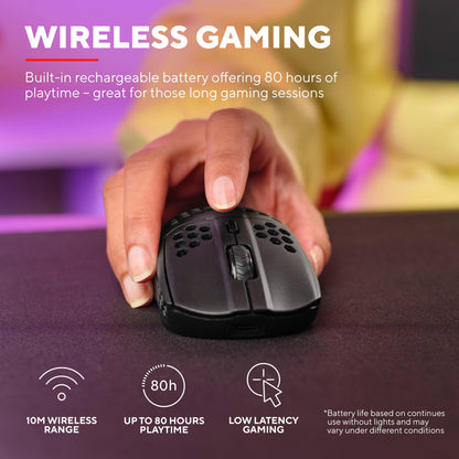 Trust Helox GXT929 Trådløs Sort gamingmus i hånd, 4 GHz trådløs, 800-4800 DPI, overlay WIRELESS GAMING, op til 80 timers batteri.