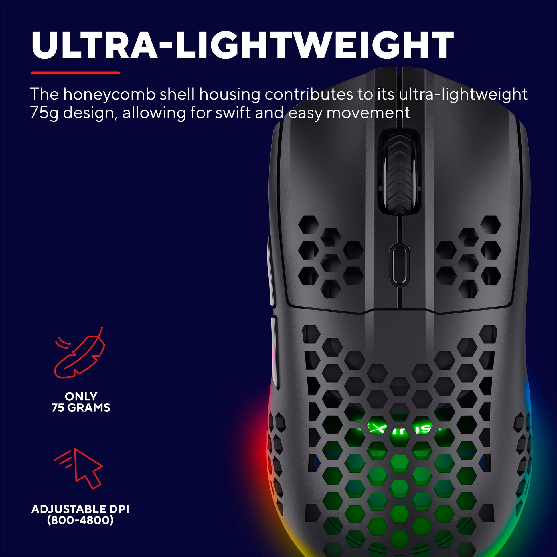Trust Helox GXT929 trådløs gaming mus sort med RGB bundlys, honeycomb-skal, vægt 75g, justerbar DPI 800-4800.