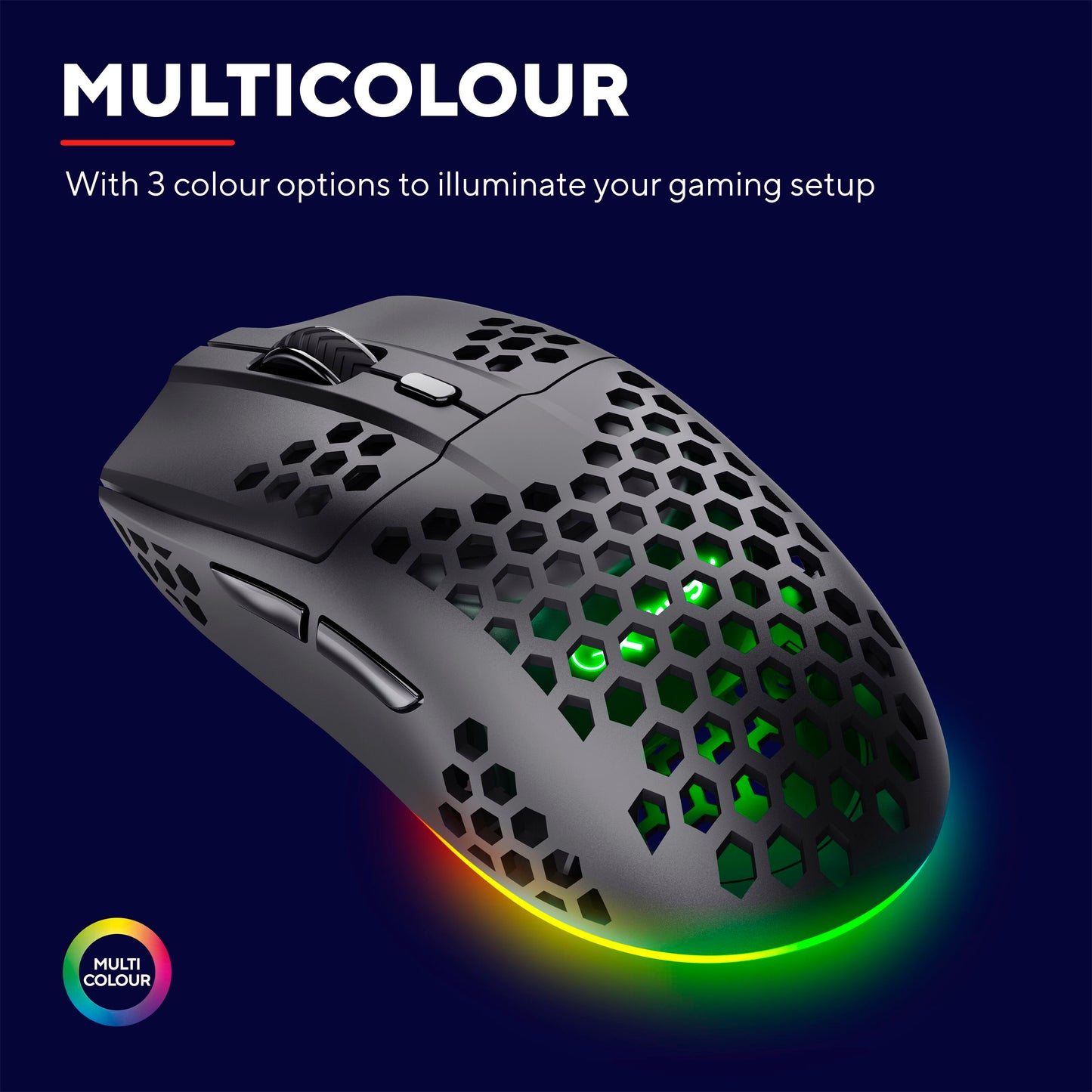 Trust Helox GXT929 trådløs gaming mus sort, sort honeycomb-design, flerfarvet LED-lys, 2,4 GHz-forbindelse.