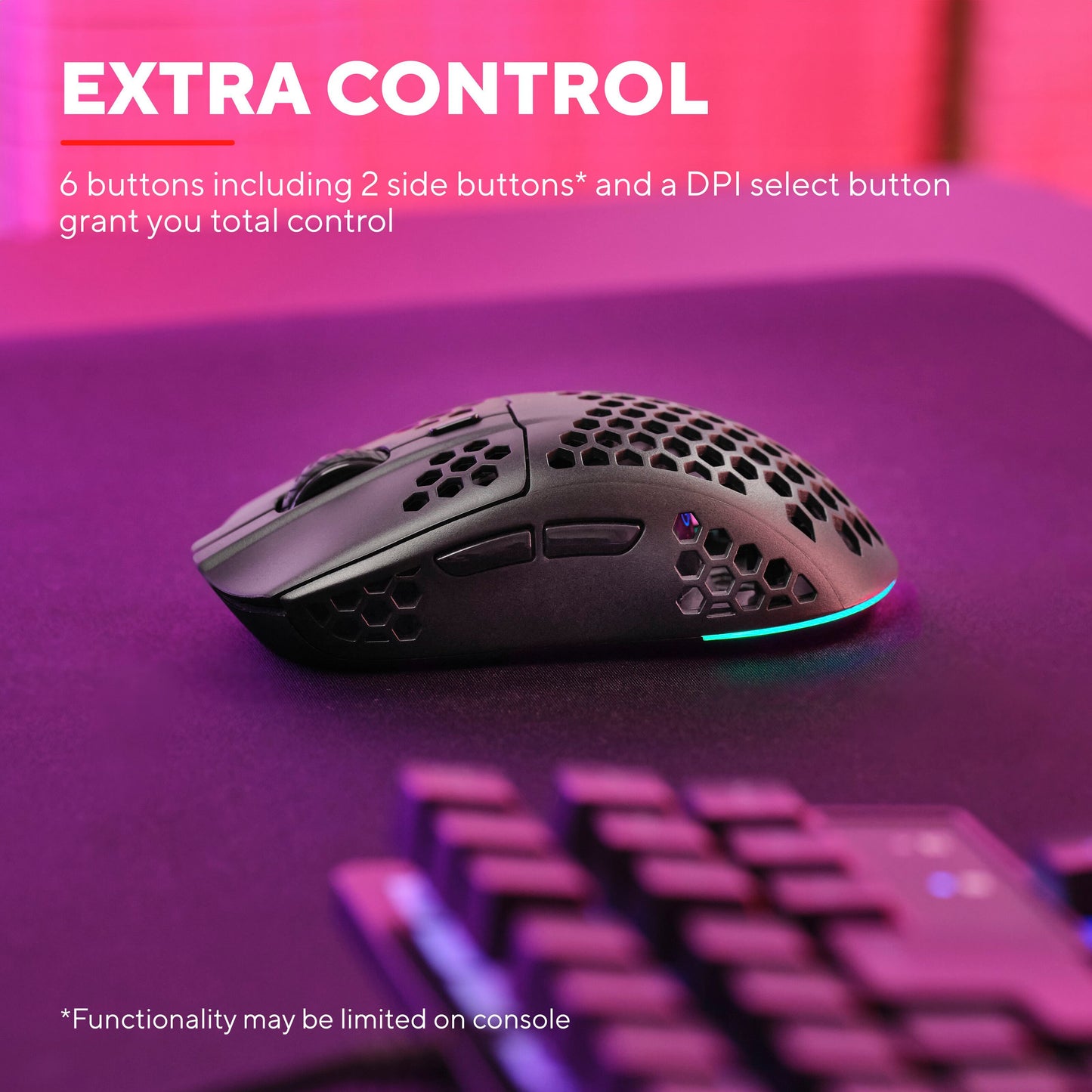 Trust Helox GXT929 Trådløs gamingmus sort, honeycomb-design, RGB-lys, 2,4 GHz, 800-4800 DPI, ved gaming keypad.
