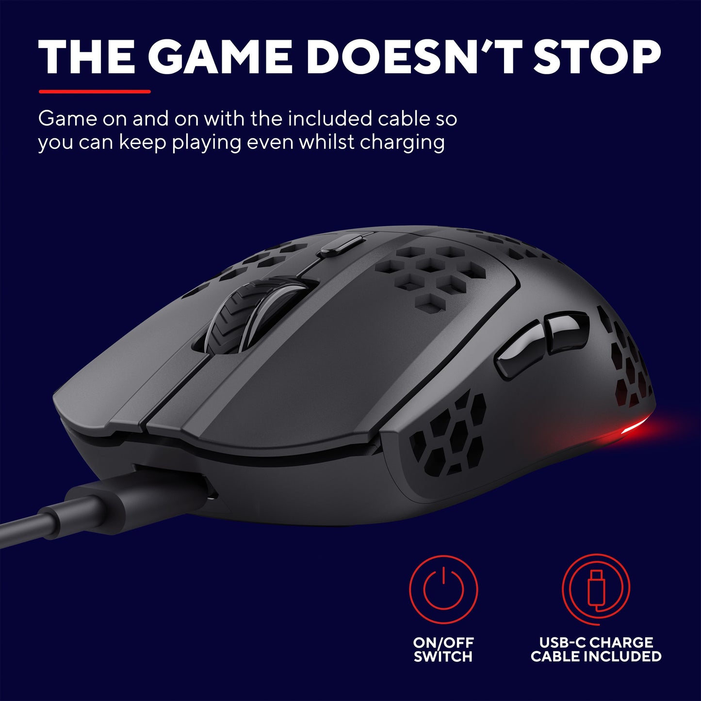 Trust Helox GXT929 trådløs gaming mus sort, honeycomb-design, 2800-4800 DPI, USB-C opladning, rødt baglys, on/off-knap.