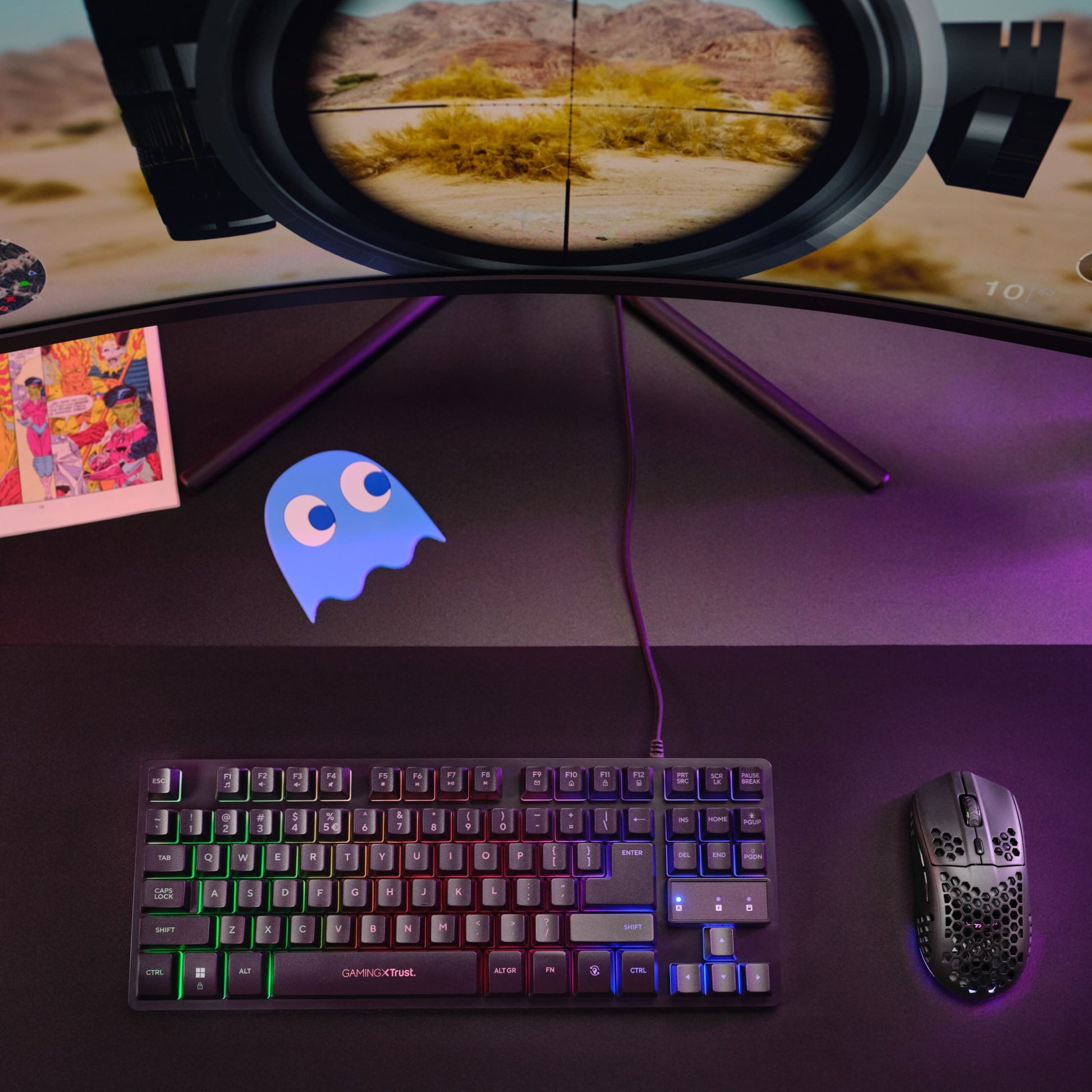 Helox GXT929 trådløs gamingmus 2.800-4.800 DPI 2.4 GHz ved RGB-tastatur, kurvet skærm med snigskyttevisning.