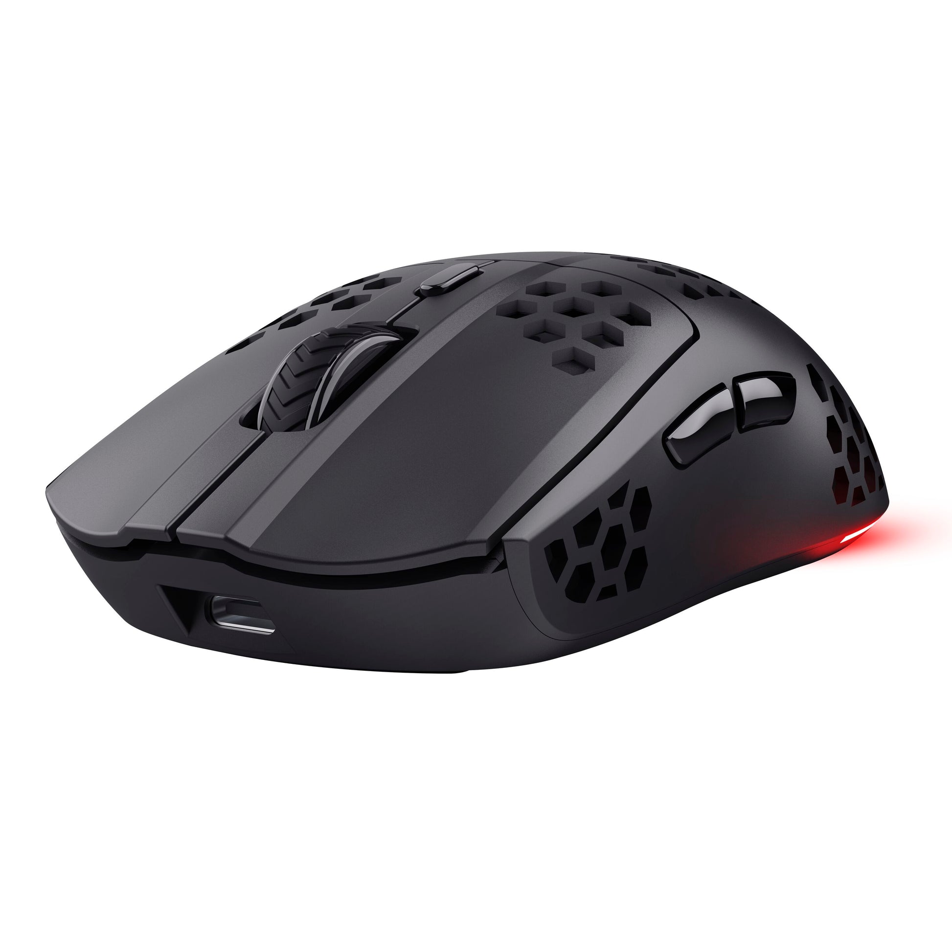 Trust Helox GXT929 trådløs sort gaming mus, honeycomb-shell, 800-4800 DPI, scrollhjul, sideknapper, USB-C, rød RGB-lysaccent.