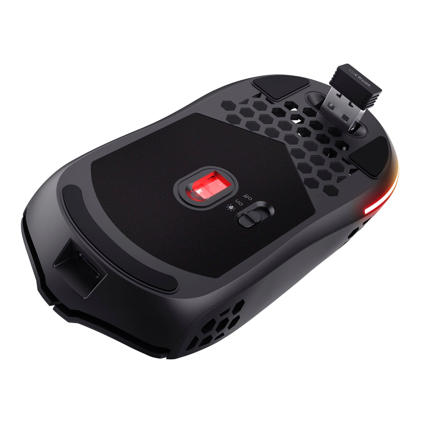 Trust Helox GXT929 Trådløs Sort gaming mus underside, 800-4800 DPI, rød sensor, USB-modtager, honeycomb-ventilation.