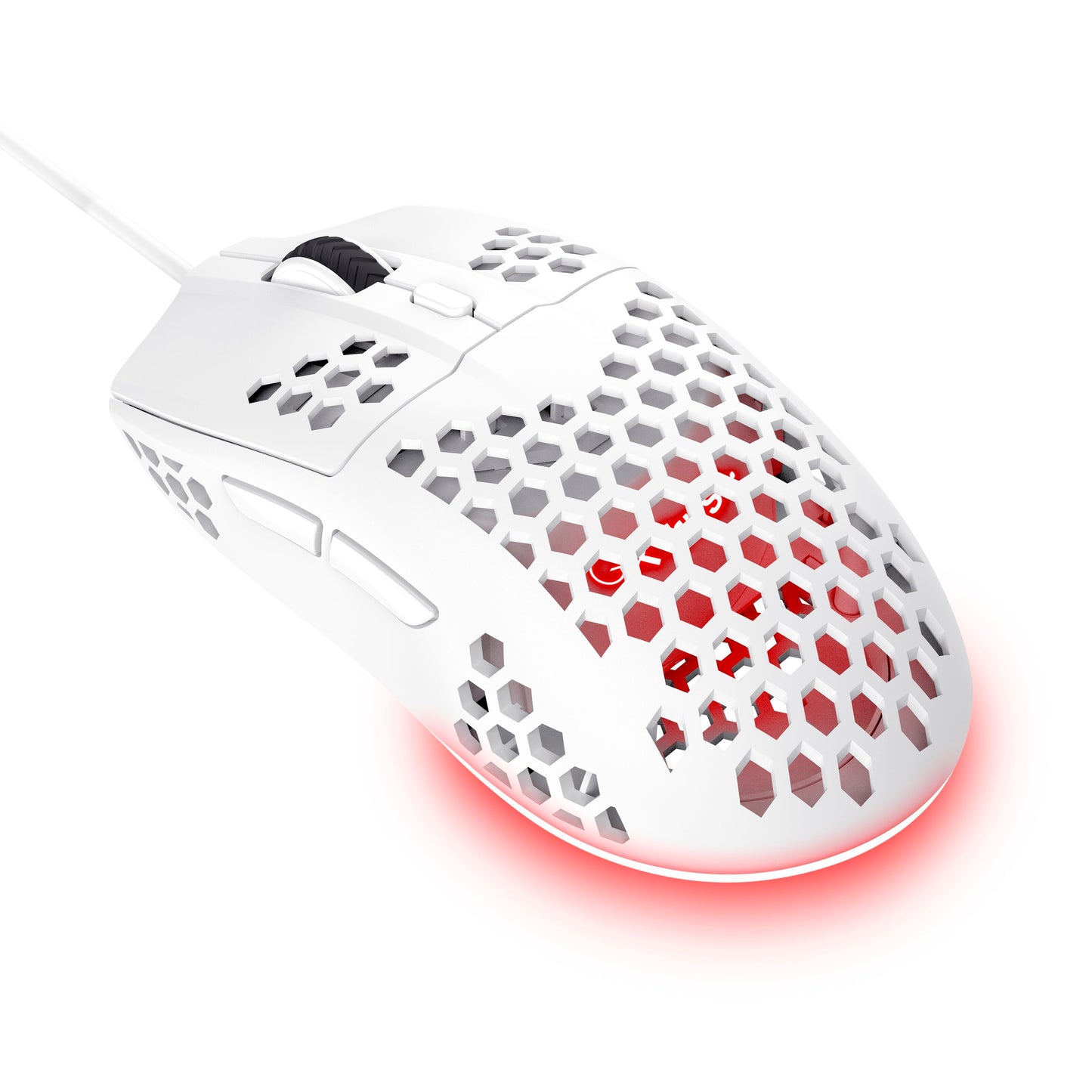 Trust Helox GXT928 hvid optisk mus med honeycomb letvægtsdesign, justerbar DPI, rød RGB-underglød og scrollhjul.