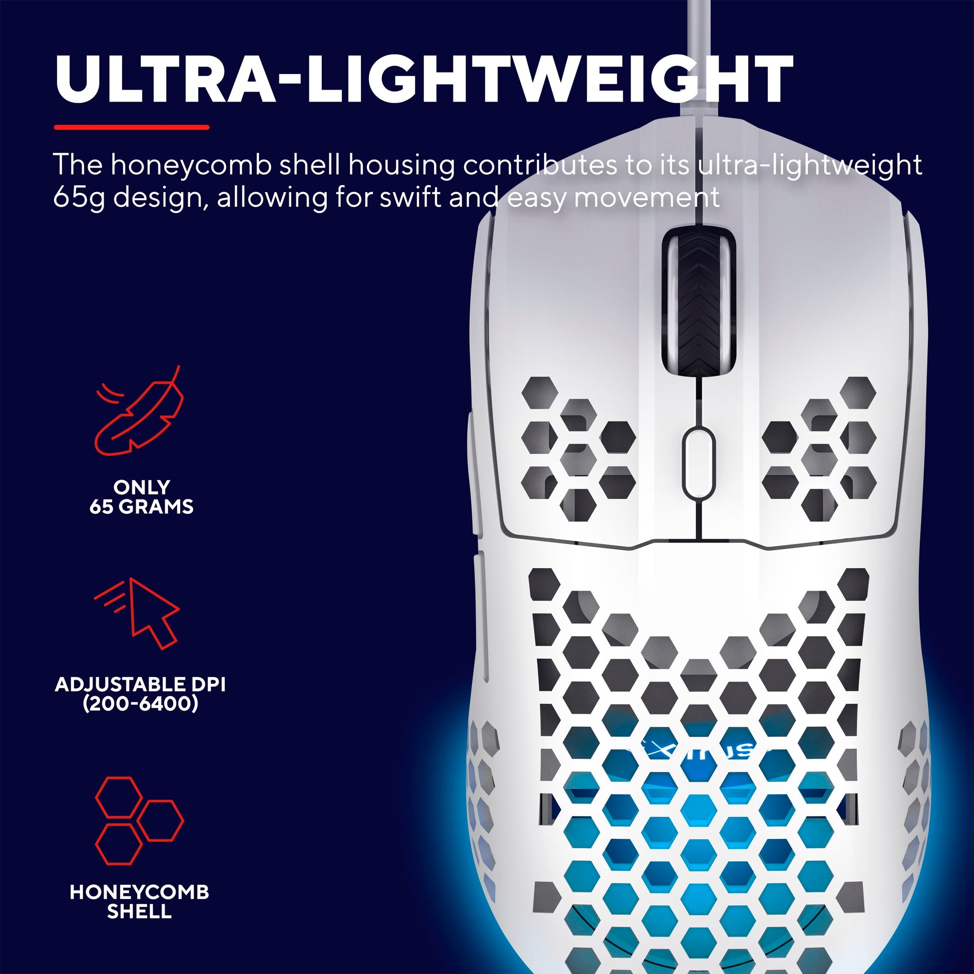 Trust Helox GXT928 gaming mus hvid, letvægts 65g, hexagonal honeycomb shell, justerbar DPI 200-6400, set ovenfra.