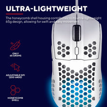 Trust Helox GXT928 gaming mus hvid, letvægts 65g, hexagonal honeycomb shell, justerbar DPI 200-6400, set ovenfra.