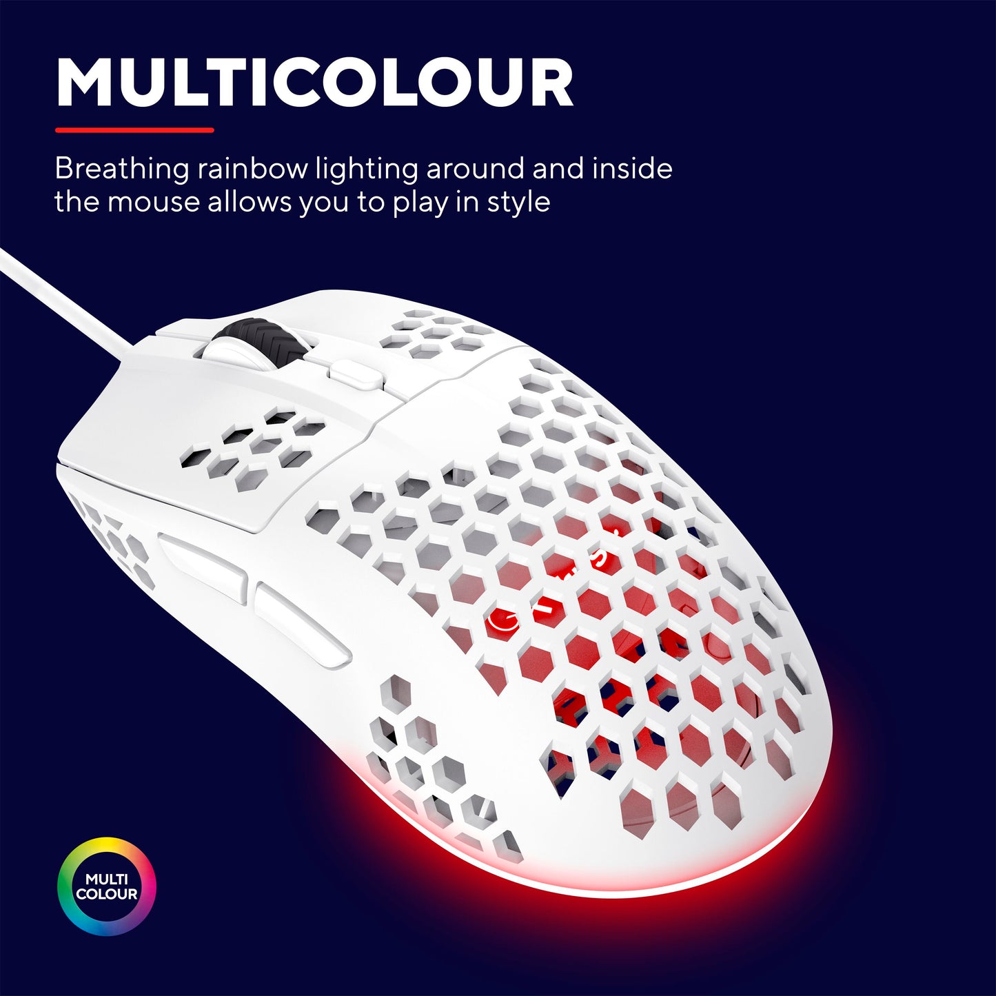 Trust Helox GXT928 hvid gaming mus med honeycomb-design, flerfarvet lys, justerbar DPI og optisk sensor.