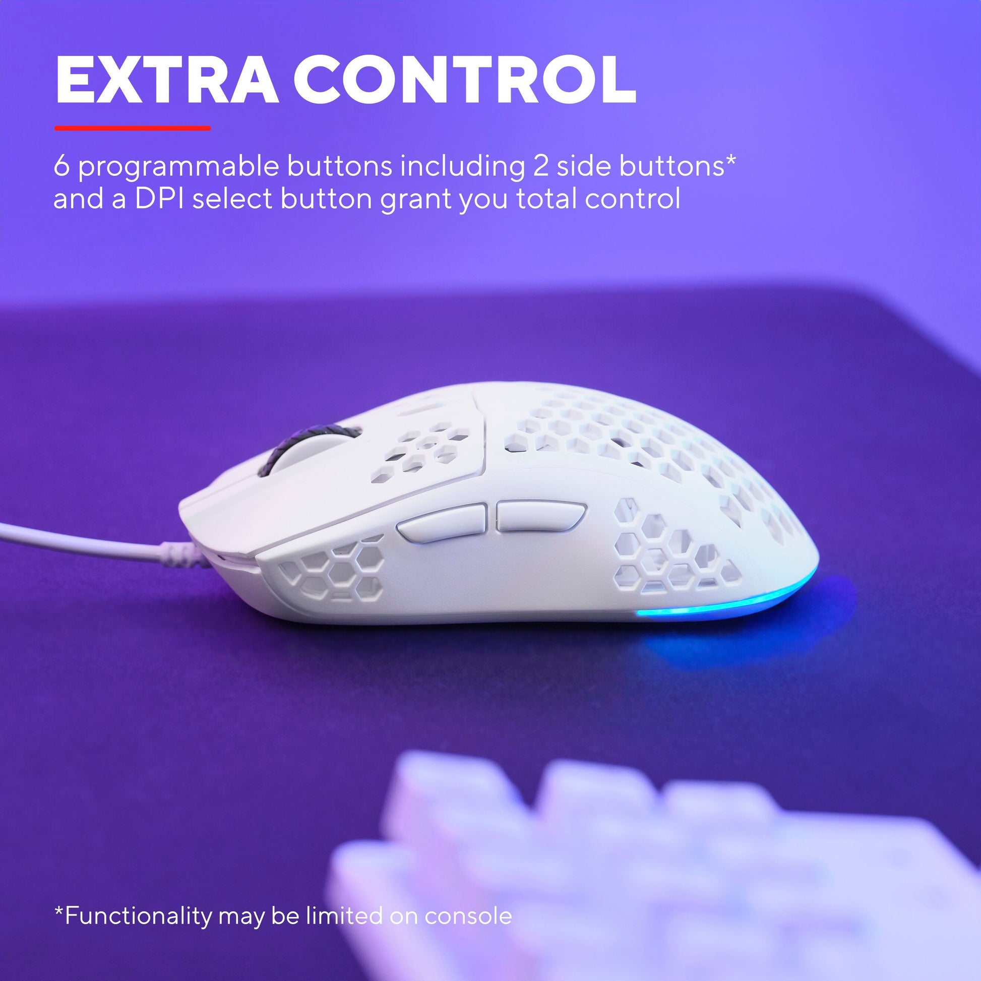 Trust GXT928 Helox hvid gaming mus med honeycomb-design, RGB-lys, 6 programmerbare knapper, justerbar DPI.