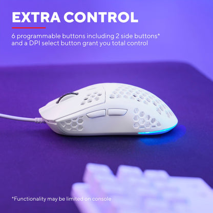Trust GXT928 Helox hvid gaming mus med honeycomb-design, RGB-lys, 6 programmerbare knapper, justerbar DPI.