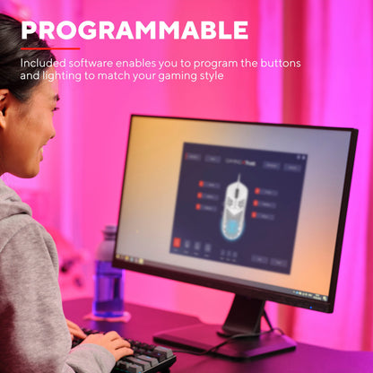 Trust Helox GXT928 Letvægts gaming mus hvid med programmerbare knapper, justerbar DPI, pink lys, tekst: PROGRAMMERBAR.