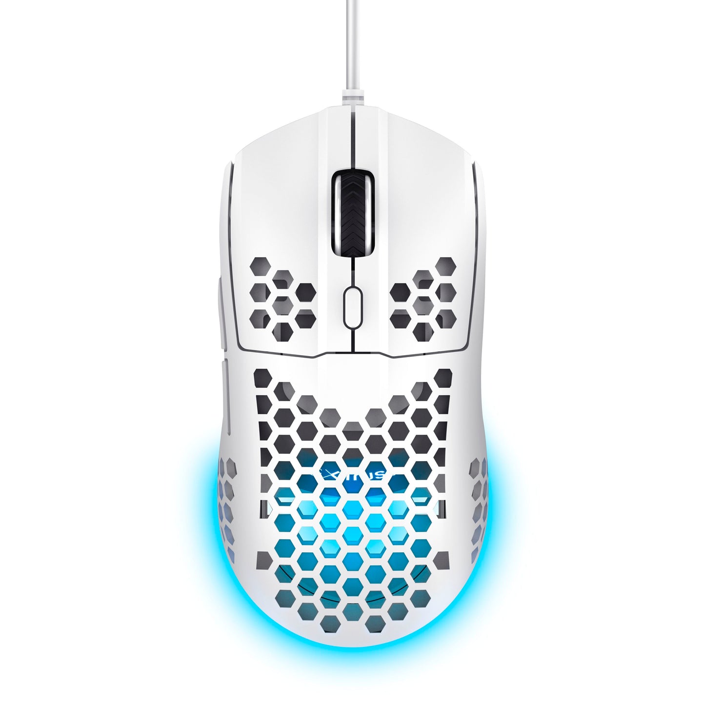 Trust Helox GXT928 Letvægts gaming mus hvid med honeycomb shell, blå RGB underglow, justerbar DPI og scrollhjul set oppefra.