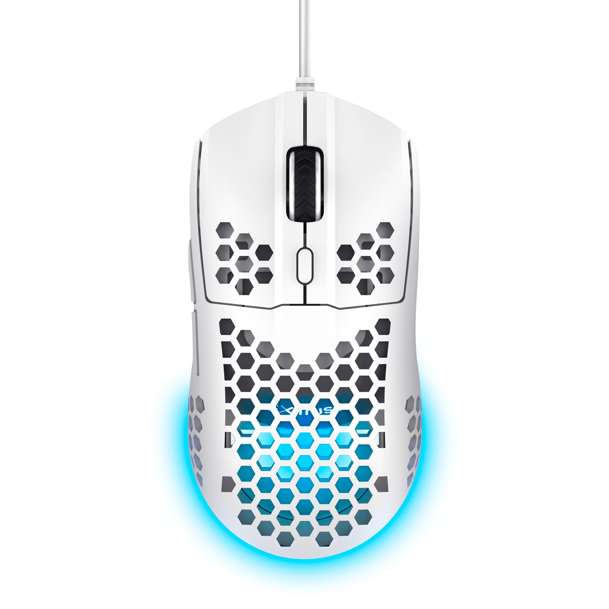Trust Helox GXT928 Letvægts gaming mus hvid med honeycomb shell, blå RGB underglow, justerbar DPI og scrollhjul set oppefra.