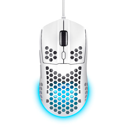 Trust Helox GXT928 Letvægts gaming mus hvid med honeycomb shell, blå RGB underglow, justerbar DPI og scrollhjul set oppefra.