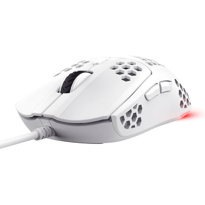 Trust Helox GXT928 gaming mus hvid, letvægt, hexagon udskæringer, scrollhjul, sideknapper, justerbar DPI, rød lys bagtil.