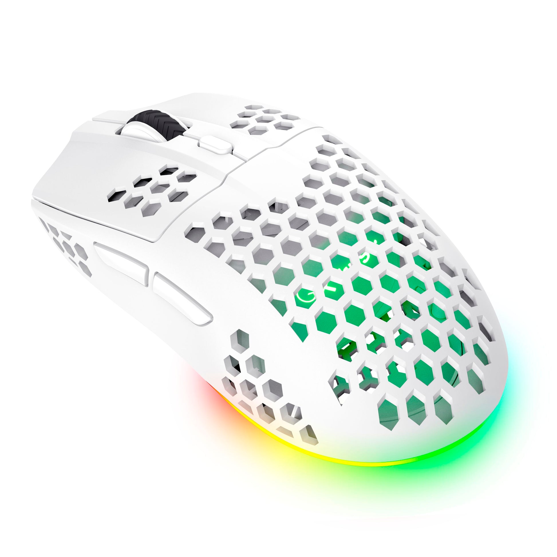 Trust Helox GXT929 trådløs gamingmus hvid, honeycomb-design, RGB-lys i bund, sideknapper, sort scrollhjul.